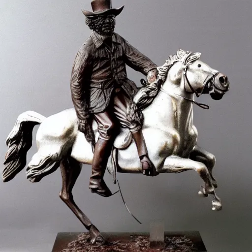 Prompt: bob ross riding horse remington sculpture