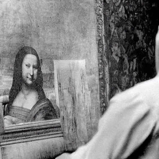 Prompt: old vintage photo from behind of leonardo da vinci painting his unfinished painting of monalisa