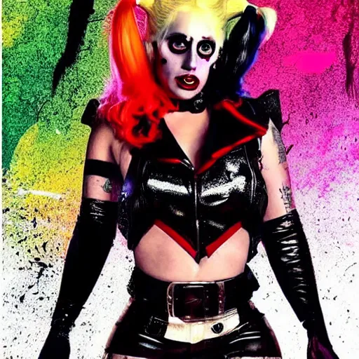 Prompt: lady gaga as harley quinn, insane details, thicc body, skintight outfit, movie poster