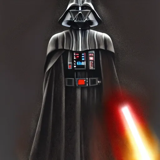 Image similar to a full body back shot of Darth Vader concept art realistic painting, high definition, digital art, matte painting, symmetrical, very detailed, realistic by Doug Chiang, dramatic lighting, cinematic, establishing shot, extremly high detail, photo realistic, cinematic lighting, post processed, concept art, artstation, matte painting,