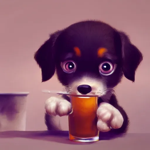 Image similar to cute puppy drinking juice, masterpiece, 8k, fantasy, cinematic lighting, highly detailed, digital painting, artstation, smooth, sharp focus, illustration, by Pixar