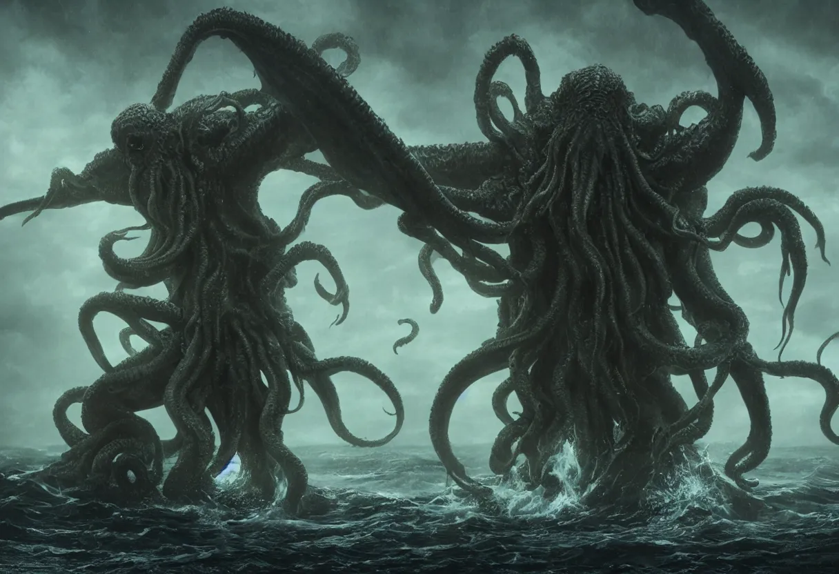 Image similar to concept art of cthulhu emerging from the ocean, omnious old photo, cinematic lighting, apocalyptic, atmospheric, hyper realism, realistic, octane render, dramatic lighting, highly detailed, cinematic