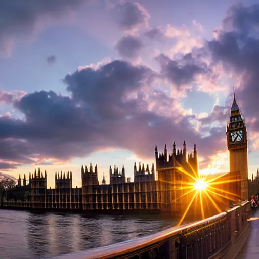 Image similar to looking onto the big ben from across the themse, London, wideangle, sunset, lenseflare