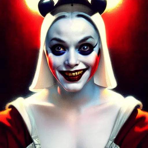 Image similar to Masterpiece Portrait Harley Quinn as a nun, dark fantasy, medium shot, intricate, elegant, highly detailed, digital painting, volumetric light, artstation, concept art, smooth, sharp focus, illustration, art by Gil Elvgren and Greg Rutkowski and Alphonse Mucha