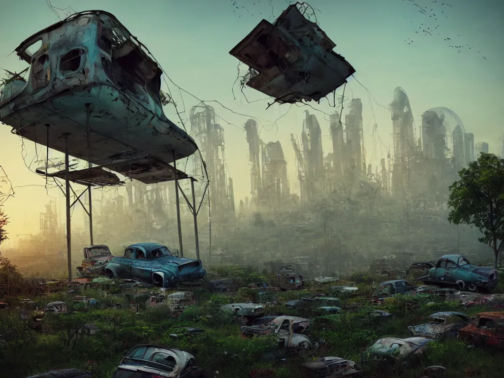 Image similar to beautiful house made from junkyard scrap parts, in an abandoned car lot overgrown, junk architectural, futuresynth, chillwave, scrapyard architecture, blender, sunrise, (((mist))), ruined city in the background, trending on artstation, by gal barkin