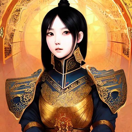 Image similar to portrait black hair young knights of Dynasty Warriors girl, rose golden color armor, in ruin chinese palace rooftop sunrise, ssci-fi and fantasy, intricate and very beautiful and elegant, highly detailed, digital painting, soft light, artstation, concept art, smooth and sharp focus, illustration, art by tian zi and WLOP and alphonse mucha