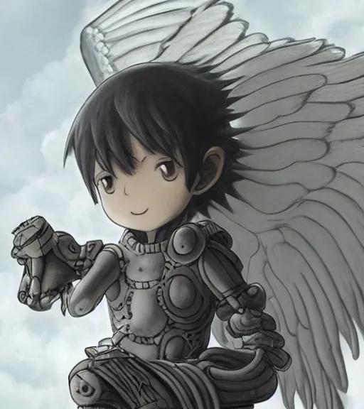 Image similar to attractive little boy wearing an cyborg angel suit, artwork in kentaro miura and made in abyss, inspired in astroboy smooth, beautiful lightness, anatomically correct, trending on pixiv, fascist composition, realistic