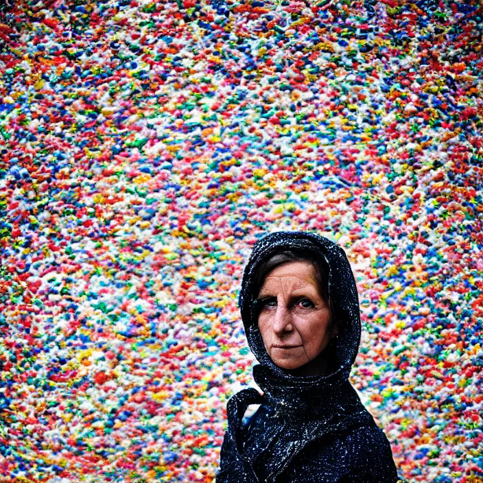 Prompt: closeup portrait of a woman with a hood made of paper and sprinkles, standing in a desolate apocalyptic landscape, by Annie Leibovitz and Steve McCurry, natural light, detailed face, CANON Eos C300, ƒ1.8, 35mm, 8K, medium-format print