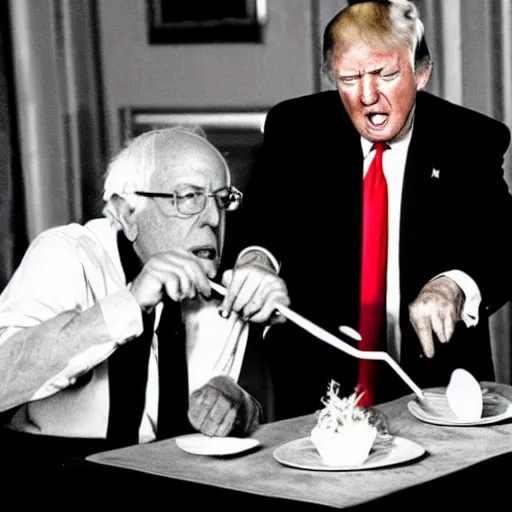 Prompt: bernie sanders and Donald trump eating spaghetti like the famous scene from the movie lady and the tramp