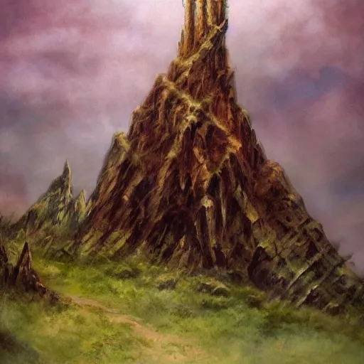 Image similar to an emerald wizard's tower in a barren valley, tempestuous skies, by julie bell