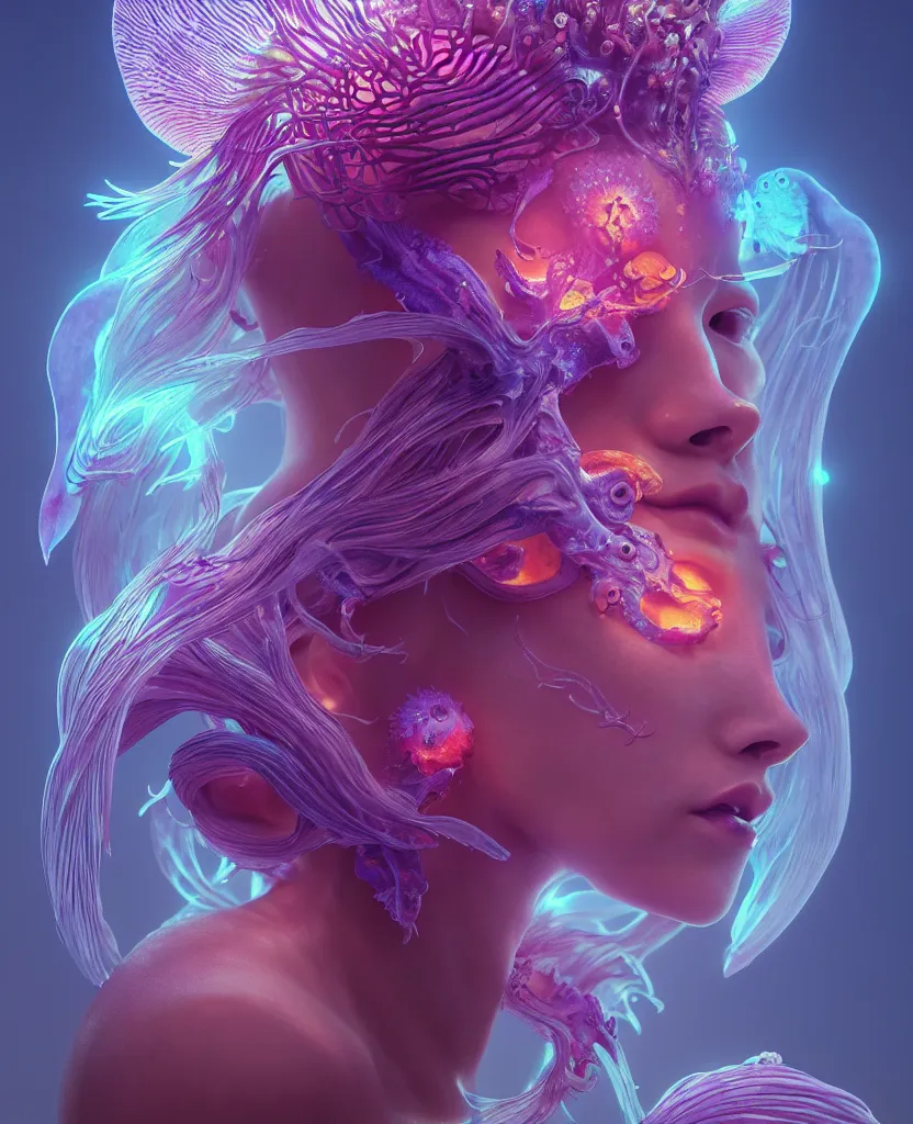 Image similar to goddess close-up portrait. orchid jellyfish phoenix head, nautilus, skull, betta fish, bioluminiscent creatures, intricate artwork by Tooth Wu and wlop and beeple. octane render, trending on artstation, greg rutkowski very coherent symmetrical artwork. cinematic, hyper realism, high detail, octane render, 8k