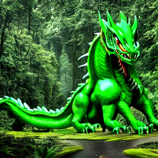 Image similar to a large gigantic green and red beautiful large dragon in a rain forest