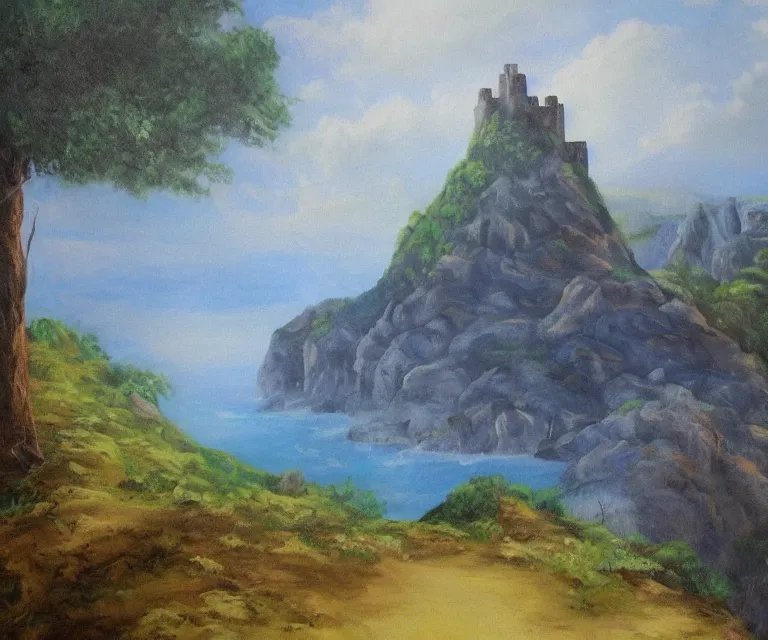 Prompt: medieval fantasy artwork. woodland with cliffs in the background. on top of the cliffs is a castle made of pure blue light. oil on canvas.