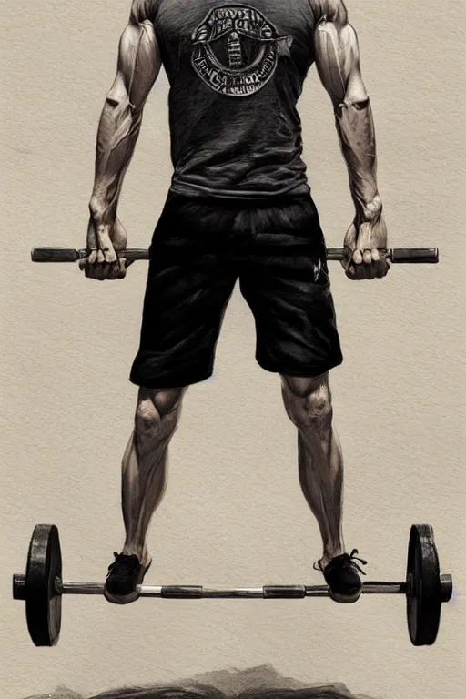 Image similar to highly detailed rendering of Daniel Radcliffe as Harry Potter doing barbell back squats, dingy workout gym, wearing a muscle tee shirt, muscular deep squats, symmetrical, highly detailed, digital painting, artstation, concept art, smooth, sharp focus, illustration, cinematic lighting, art by artgerm and greg rutkowski and alphonse mucha