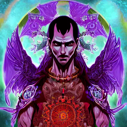 Image similar to 4K headshot portrait of godlike Warlock of Nazareth with defined arms and open hands and bloody clothes with giant mandala wings , intricate face , flawless anime cel animation by Kentaro Miura, psychedelic , highly detailed upper body , professionally post-processed , beautiful, scary, symmetry accurate features, epic, octane rendered, anime masterpiece, accurate by Craig Mullins, ilya kuvshinov, krenz cushart, epic , artgerm trending on artstation by Edward Hopper and Dan Mumford and WLOP and Rutkovsky, beksinski carl spitzweg moebius and tuomas kocar, intricate artwork by caravaggio, Unreal Engine 5, Lumen, Nanite