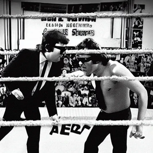 Image similar to “ the blues brothers as a professional wrestling team, fighting in the wrestling ring, still from tv broadcast ”