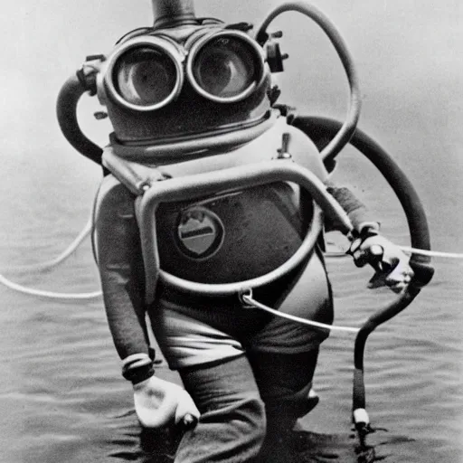 Image similar to old creepy black and white photograph of a minion in deep sea diving gear