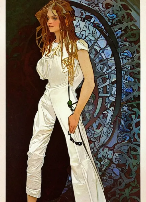 Image similar to an octanre render realistic portrait by alphonse mucha of a russian girl detailed features wearing a cargo wedding dress - sporty, sleek, tech utility - chic trend. lots of zippers, pockets, synthetic materials, jumpsuits chic'techno fashion trend by issey miyake and balenciaga