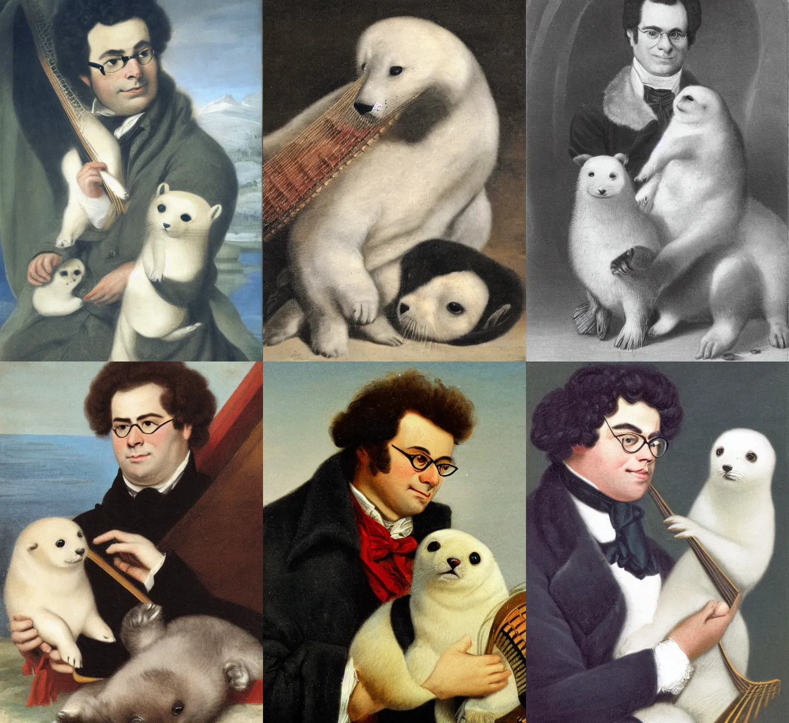 Prompt: a portrait of franz schubert playing with a harp seal pup, portrait from 1 8 0 0 s