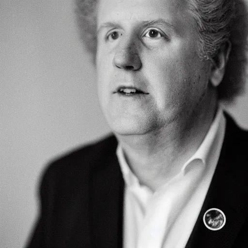 Image similar to A hyper-realistic black and white photograph taken with a 50mm 1.4 lens of Jean Charest with sheep hair