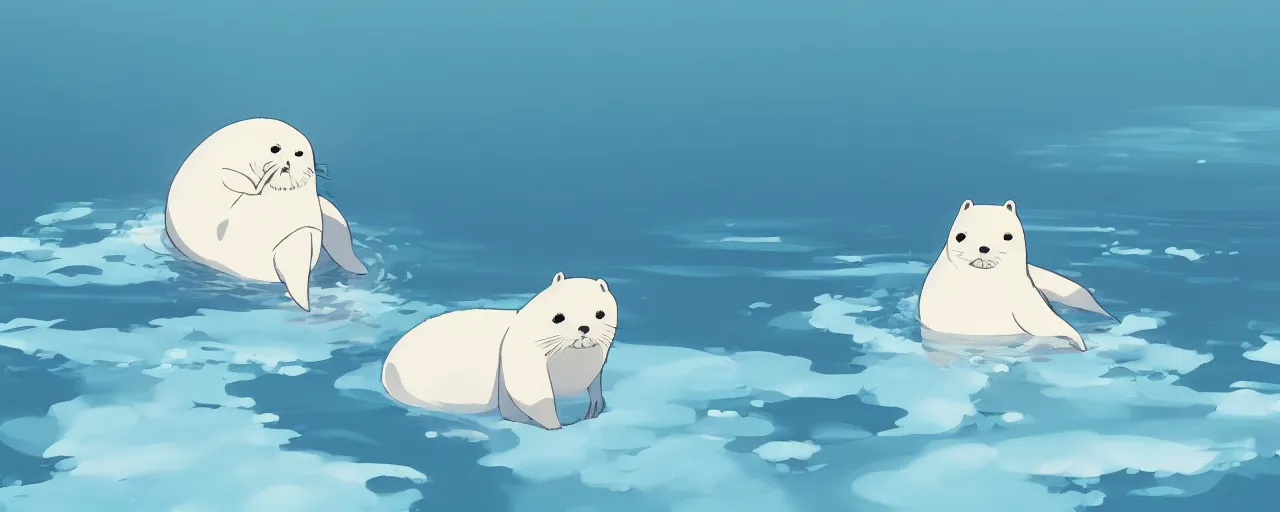 Image similar to a baby harp seal swimming in a tropical river, atey ghailan, goro fujita, studio ghibli, rim light, bright lighting, clear focus, very coherent