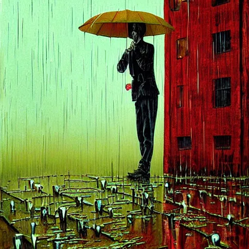 Prompt: standing in the rain, painting by chris mars