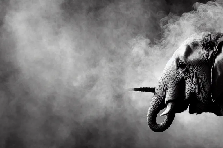 Image similar to ultra realistic photography, picture of ( subject : an elephant blowing smoke ). the scene is set in a gentlemens cigar lounge, a very smokey atmosphere, small thick clouds of cigar smoke, artstation, focus on the elephant, extremely detailed and crisply sharp photo, hyperrealistic smoke, figma, sigma, 4 k