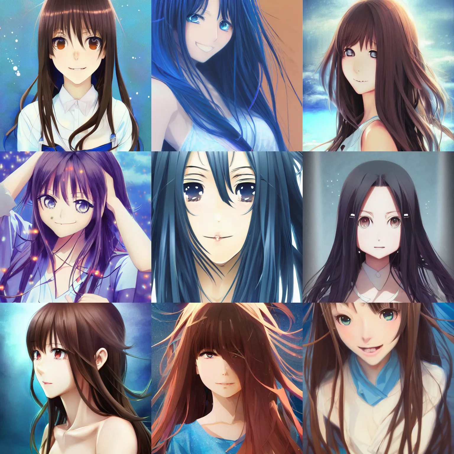 An anime girl with black hair and blue highlights. her hair is long and  straight. her eyes are amber