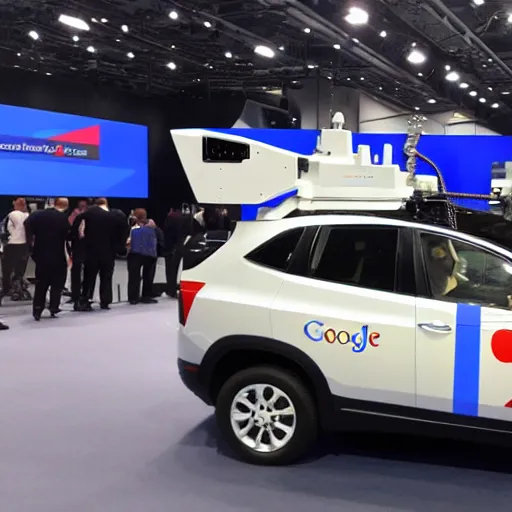 Image similar to google self driving car equipped with multiple rocket launcher system, photo from defense innovations expo 2 0 2 0