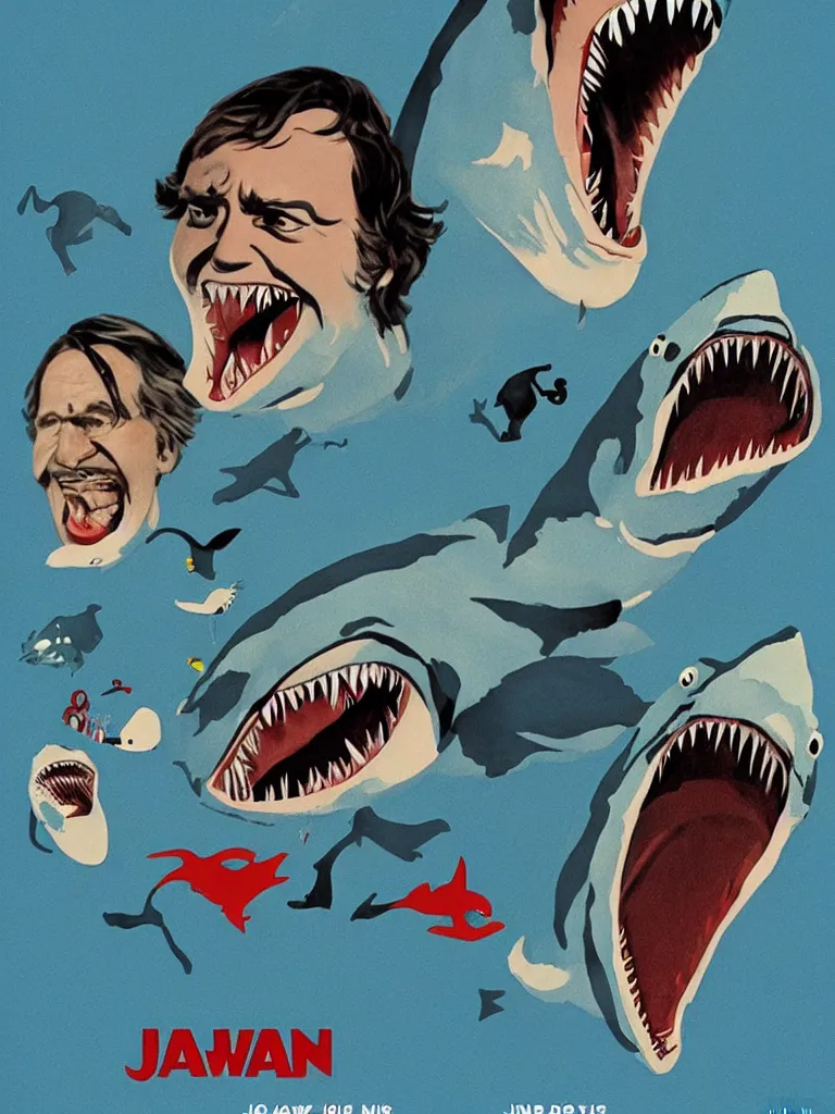 Prompt: Jaws movie poster in the style of Joan Miró