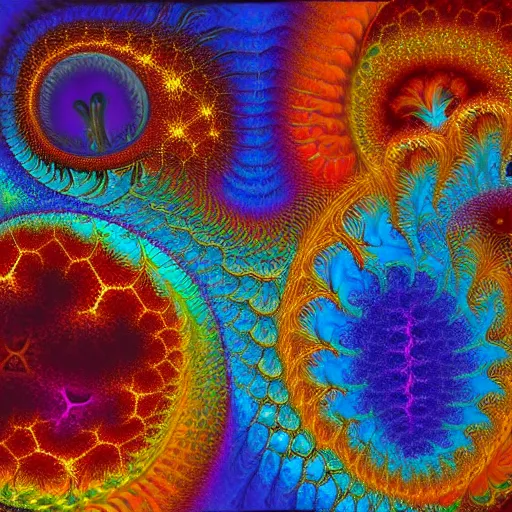 Image similar to love and the first law of thermodynamics, oil painting, fractal, vivid, psychedelic