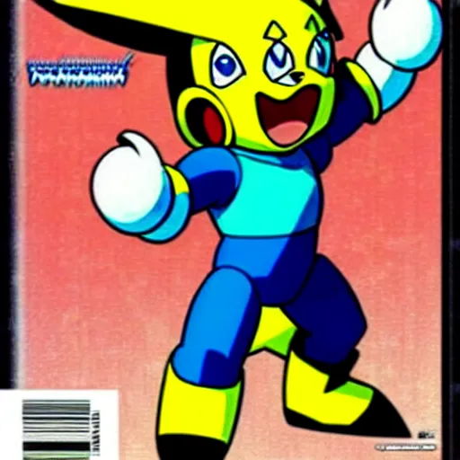 Image similar to nintendo power magazine cover from the 1 9 9 0 s featuring megaman as pikachu