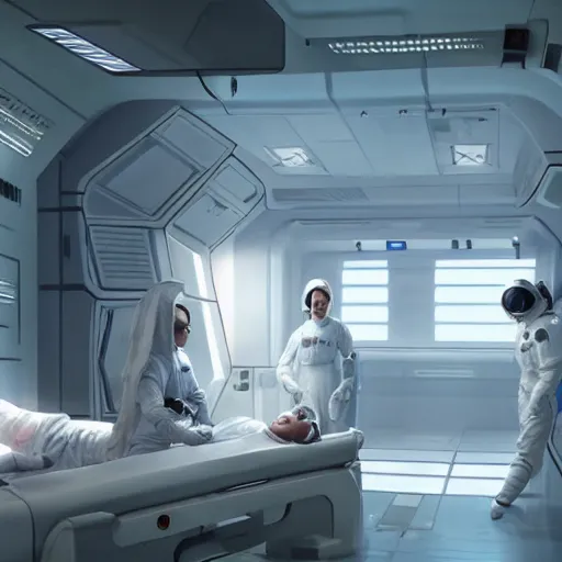 Image similar to a space woman in a white nurse uniform examinating an alien in a space station hospital, Matte painting , detailed painting, greg rutkowski