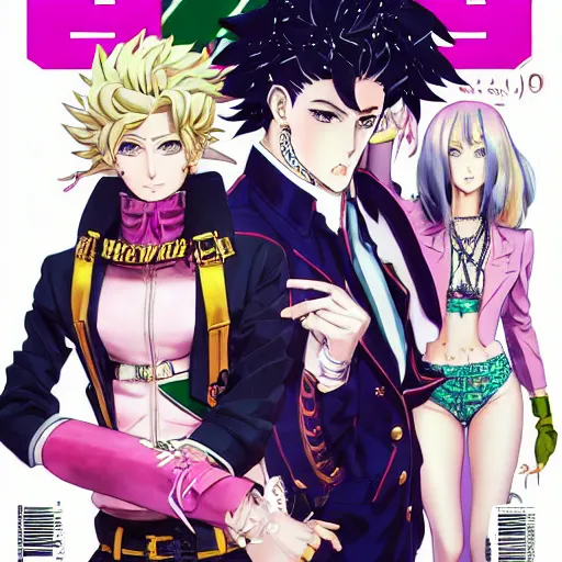 Image similar to Magazine Cover Anime key visual of a Gucci girl; official media; typography; drawn by Hirohiko Araki; Jojo's Bizarre Adventure; Jojolion, portrait, made by Stanley Artgerm Lau, WLOP, Rossdraws, James Jean, Andrei Riabovitchev, Marc Simonetti, Yoshitaka Amano, ArtStation