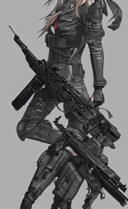 Image similar to highly detailed, high resolution, character design art, stunning, volumetric lightning, realistic guns, girls frontline style, matte, sharp focus, 130mm, illustration, artstation, by yusuke kozaki, realistic human anatomy, simple design, realistic military gear, metal gear style, realistic faces, comic