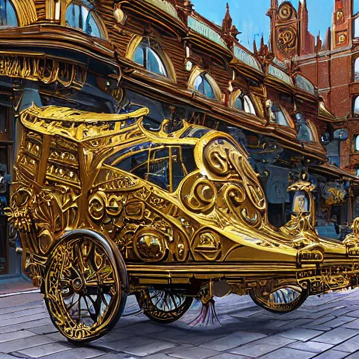 Prompt: painting of syd mead artlilery scifi parametric victorian carriage with ornate metal work lands on a sidewalk, filigree ornaments, volumetric lights, simon stalenhag