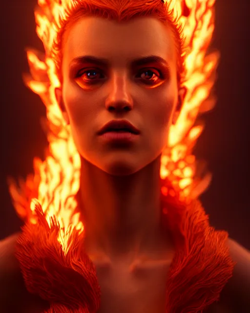 Image similar to Beautiful art portrait of fire elemental woman, atmospheric lighting, intricate detail, cgsociety, hyperrealistic, octane render, RPG portrait, ambient light, dynamic lighting