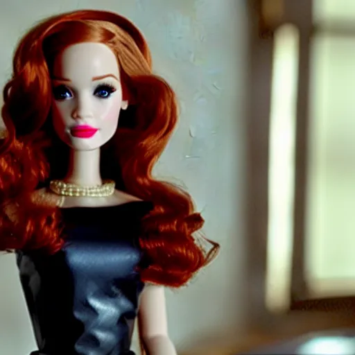 Image similar to amazing beautiful Christina Hendricks barbie doll wearing leather in the living room, film still from the movie directed by Denis Villeneuve , wide lens