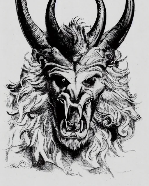 Image similar to a creature with the body and eyes of a man, beak of an eagle, the mane of a lion, two horns of an ox on the head. drawn by frank frazetta