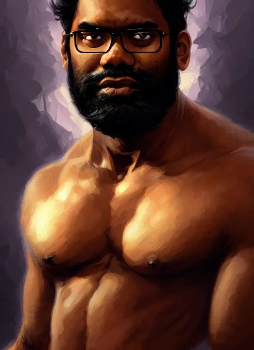 Image similar to portrait of romesh ranganathan, d & d, muscular! fantasy, intricate, elegant, highly detailed, digital painting, artstation, concept art, smooth, sharp focus, illustration, art by artgerm and greg rutkowski and alphonse mucha