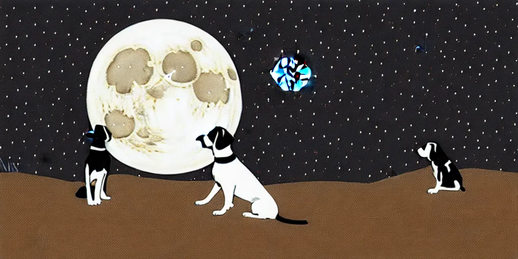 Prompt: highly detailed illustration of black beagle watching the moon