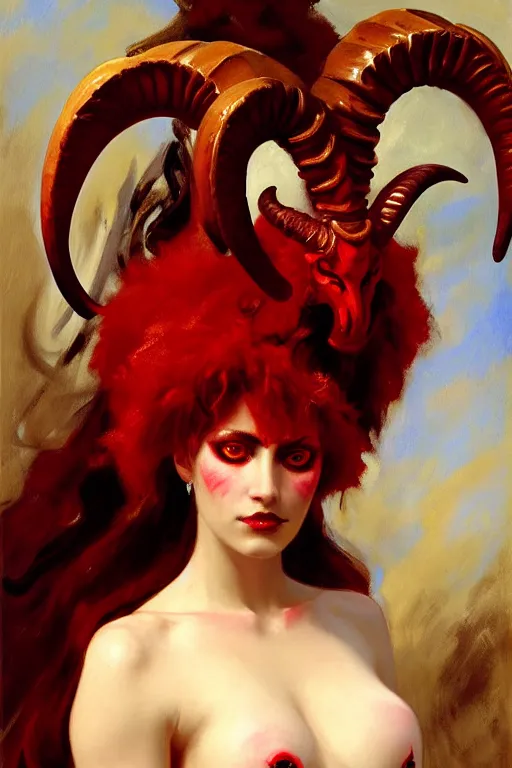 Image similar to painted close - up portrait of a attractive red - skinned intimidating demon girl with ram horns! oil painting, wearing a noblewoman's outfit, fantasy art by john singer sargent and gaston bussiere, and guillermo del toro, demon noble character design, hd