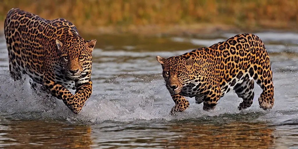 Prompt: a single jaguar crossing a river, national geographic, golden hour