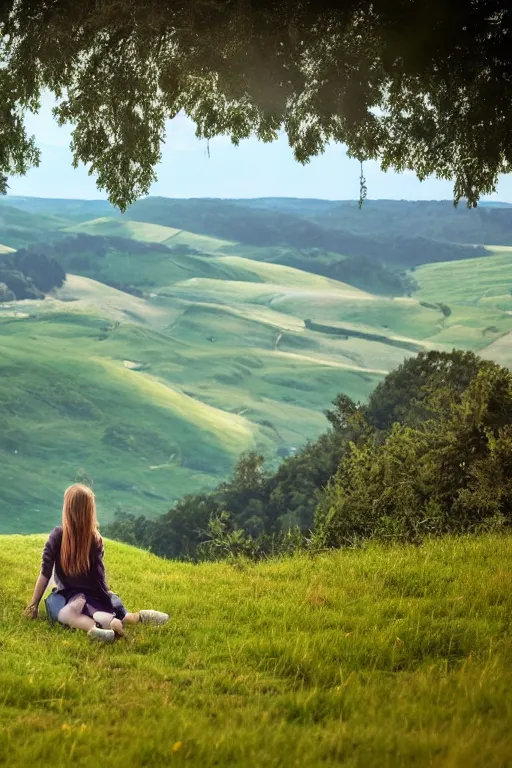 Image similar to a girl enjoying the wind in the edge of a hill, beautiful landscape, aesthetic