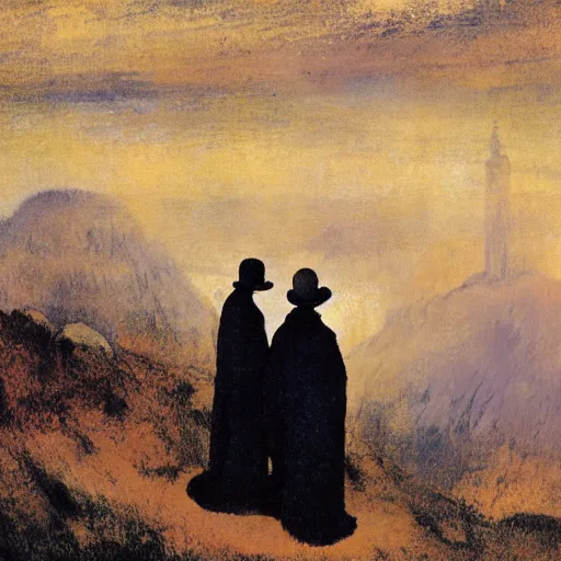 Image similar to concept art, long shot cloaked figures on a mountain, painting styles by Turner and Degas and Magritte and, painted on tarpaper with gold and silver pen and ink and palette knife, 8k, highly detailed _W 1024