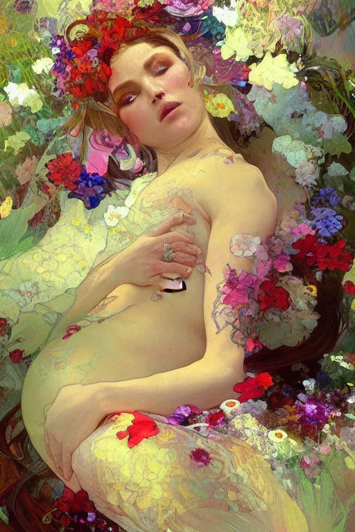 Image similar to a beautifull intricate painting of a disembodied soul surrounded by flowing flower petals, vivid colors, artstation, by jeremy mann, by alphonse mucha,