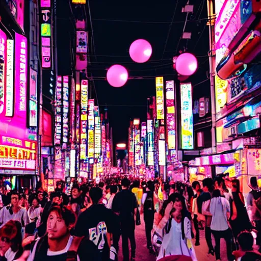 Prompt: a music festival in neon streets of tokyo with street lights shining glowing orbs of pink light