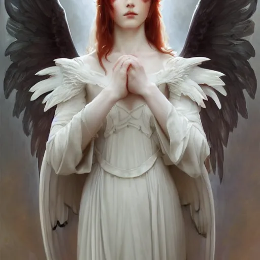 Image similar to Beautiful pale angelic goth girl with angel wings and devil\'s horns, masterpiece 4k digital illustration by Ruan Jia and Mandy Jurgens and Artgerm and william-adolphe bouguereau, highly detailed, trending on artstation, award winning,