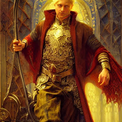 Image similar to handsome arthur pendragon in love with handsome merlin the mage. merlin is also in love with arthur. highly detailed painting by gaston bussiere, craig mullins, j. c. leyendecker