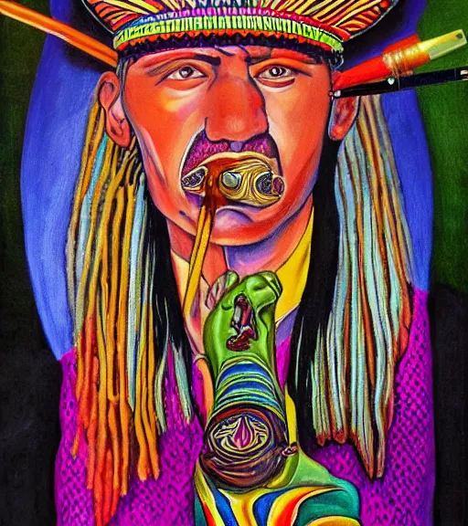 Prompt: Painting in a style of Alex Grey of a shaman dressed in a colorful traditional clothes. He is smoking a pipe